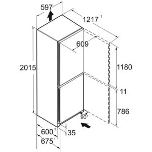 Le schéma du réfrigérateur LIEBHERR CBNSFC57Vi-22 montre des dimensions de 2015 mm (hauteur), 597 mm (largeur) et 609 mm (profondeur) avec des portes ouvertes à 90°.