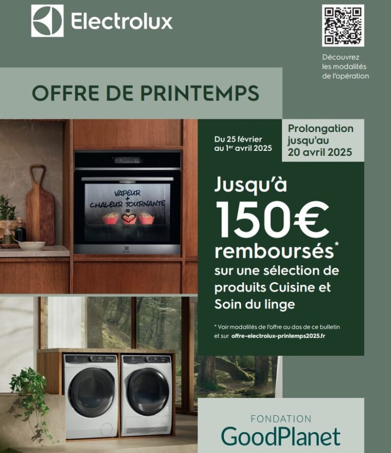 L'affiche de l'offre de printemps d'Electrolux présente les derniers appareils de cuisine dans un cadre naturel serein, tous issus de la superbe gamme Printemps 2025. Profitez d'une promotion alléchante de 150 € de remboursement (ODR) pour rafraîchir votre espace culinaire cette saison !.