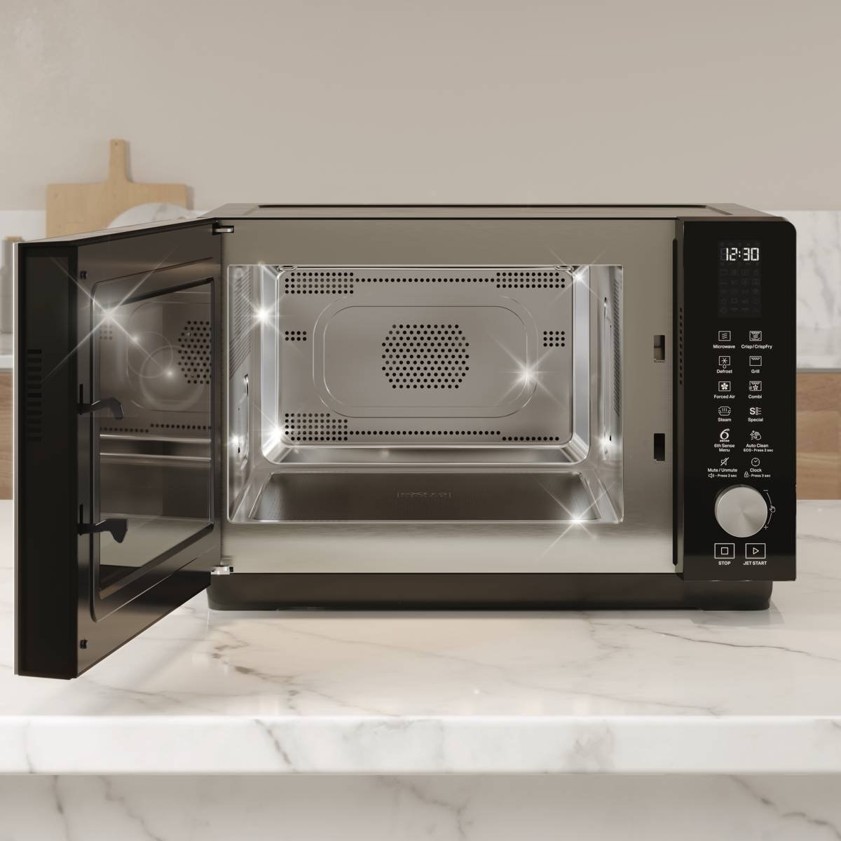 Le micro-ondes WHIRLPOOL MWF427BL orne élégamment un comptoir en marbre, bénéficiant d'une interface numérique moderne et d'un intérieur impeccable.