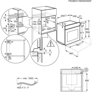 Schéma technique de l'AEG TT9PB831AT décrivant les dimensions, les détails d'installation et le positionnement exact du câble électrique.