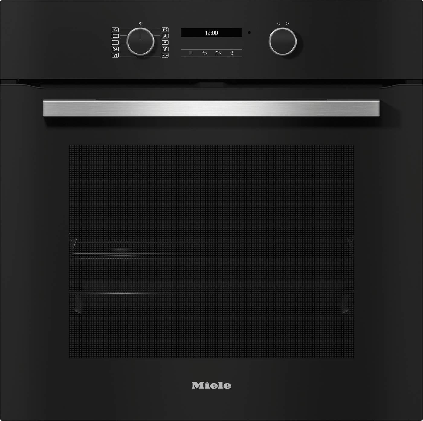 Le four MIELE H2766BP NOIR allie un design inspiré du noir à l'élégance et à la fonctionnalité, avec un affichage numérique, une poignée en acier inoxydable et des boutons de commande élégants montés sur le dessus.
