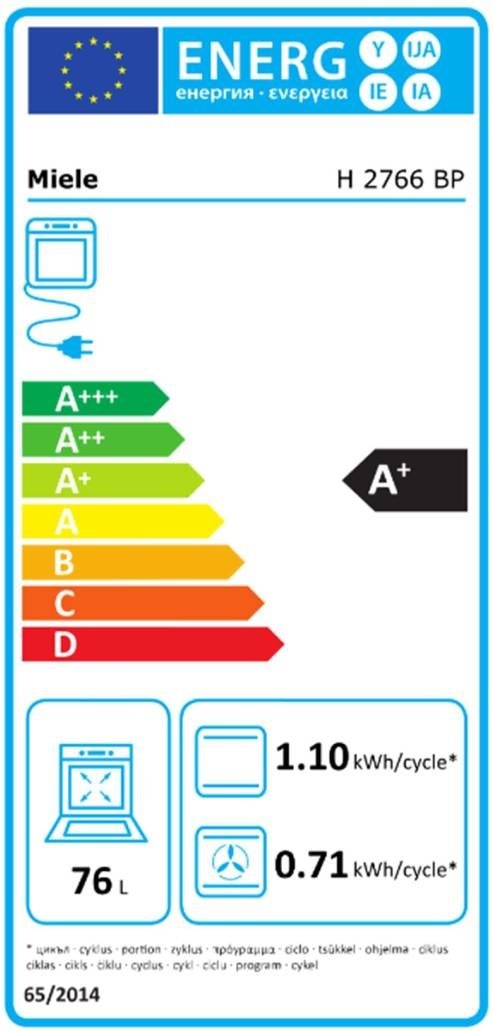Le MIELE H2766BP NOIR dispose d'une impressionnante étiquette énergétique A+ et comprend des informations détaillées sur la puissance et le cycle dans plusieurs langues.