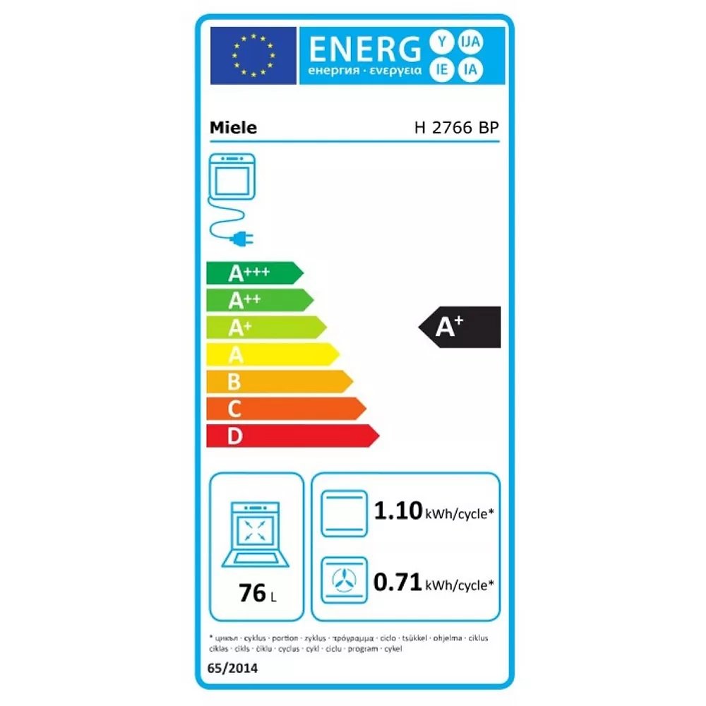 Le four Miele H2766BP Noir bénéficie d'une classe énergétique A+, avec une capacité de 76 L et une consommation énergétique de 1,10 kWh/cycle et 0,71 kWh/cycle.