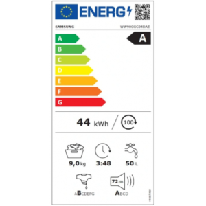 Découvrez le SAMSUNG WW90CGC04DAE, doté d'une note A d'efficacité énergétique, d'une consommation de 44 kWh, d'une capacité de 9 kg, d'un temps de cycle de lavage de 3:48 et utilisant seulement 50 L d'eau avec un fonctionnement silencieux à 72 dB.