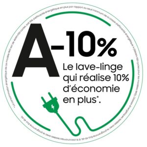 Étiquetez le SAMSUNG WW90CGC04DAE avec « A-10% » pour indiquer 10 % d'économies d'énergie supplémentaires, avec une icône de prise verte.