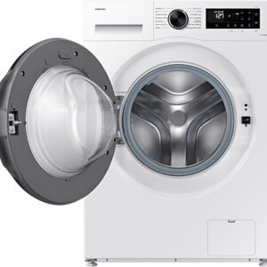 Lave-linge SAMSUNG WW90CGC04DAE avec sa porte ouverte, mettant en valeur le tambour et le panneau de commande élégant.