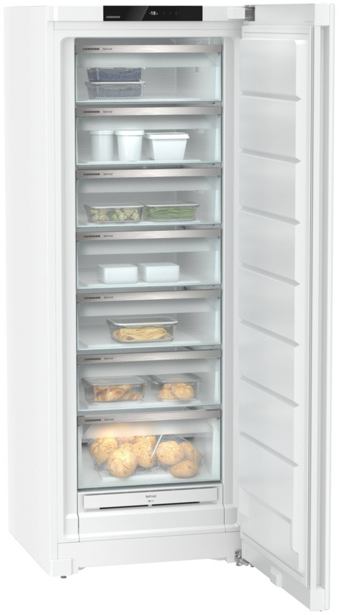 Le congélateur vertical LIEBHERR FND7227-22 offre plusieurs tiroirs transparents pour faciliter le stockage des aliments surgelés, ce qui en fait un complément parfait à votre réfrigérateur.