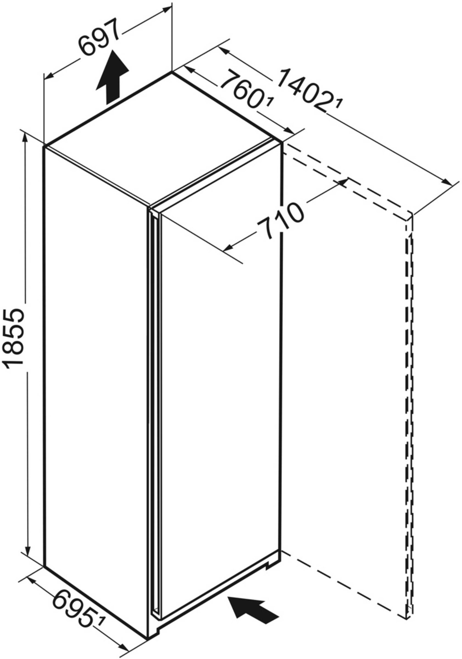 Le plan de l'armoire haute LIEBHERR FND7227-22 affiche les dimensions étiquetées en millimètres et indique l'ouverture de la porte par des flèches.