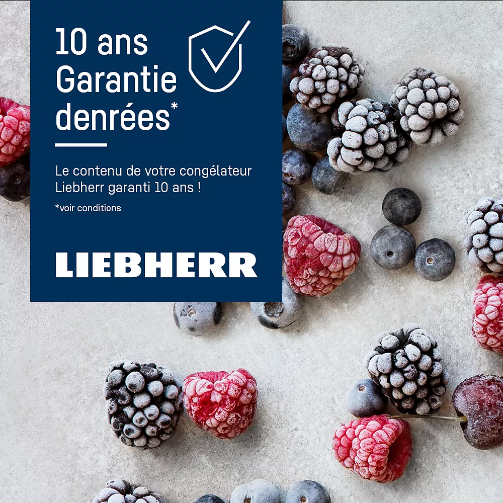 Des baies congelées sont posées sur une surface claire à côté d'une boîte bleue LIEBHERR FND7227-22 portant l'inscription "10 ans Garantie denrées*".