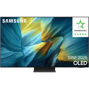 Le téléviseur OLED SAMSUNG TQ65S95F de 65 pouces présente un écran bleu et jaune abstrait et vibrant et comporte un badge de notation cinq étoiles sur l'écran.