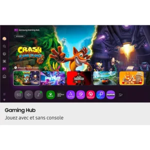 Le téléviseur SAMSUNG TQ65S95F affiche le Gaming Hub, mettant en valeur les icônes de jeux telles que Crash Bandicoot, Fortnite et autres.
