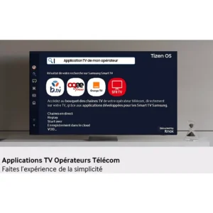 Le téléviseur intelligent SAMSUNG TQ65S95F affiche les applications des opérateurs populaires (SFR, Orange, Free et Bouygues Télécom) avec une barre de recherche à l'écran.