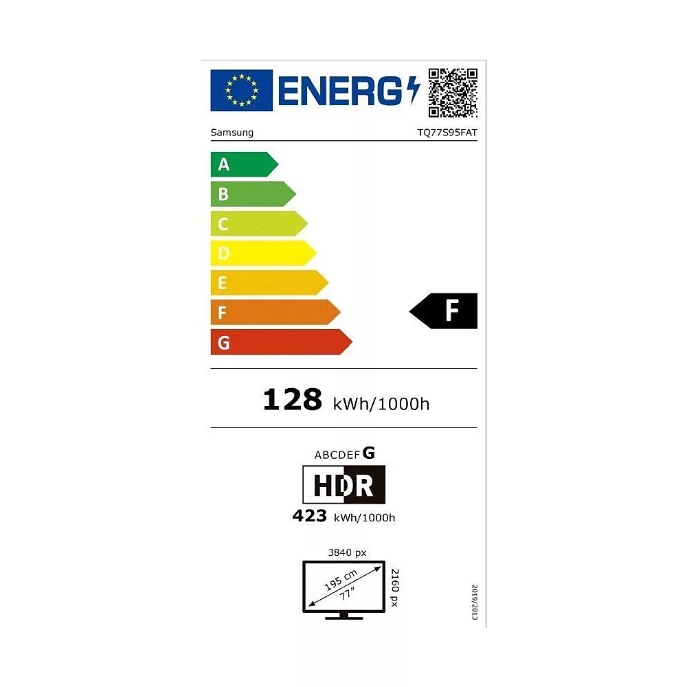 Le téléviseur SAMSUNG TQ65S95F a une étiquette énergétique européenne de F, consommant 128 kWh/1000h (SDR) et 423 kWh/1000h (HDR).