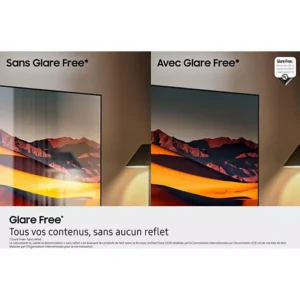 Comparaison d'écrans de télévision avec le SAMSUNG TQ65S95F : à gauche avec un éblouissement minimal, à droite avec un éblouissement typique, mettant en valeur sa technologie avancée de réduction des reflets.