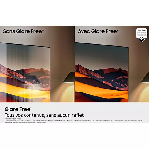 Comparaison d'écrans de télévision avec le SAMSUNG TQ65S95F : à gauche avec un éblouissement minimal, à droite avec un éblouissement typique, mettant en valeur sa technologie avancée de réduction des reflets.