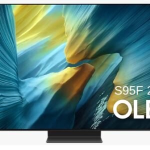 Le téléviseur OLED SAMSUNG présente un design abstrait et dynamique, avec « TQ77S95D 2025 » élégamment affiché dans le coin, incarnant l'innovation.