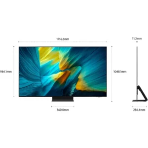 Vue de face et de côté du téléviseur SAMSUNG TQ77S95F présentée avec des mesures précises en millimètres.