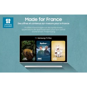 Le téléviseur SAMSUNG TQ77S95F affiche des émissions comme Earth, Top Gear et Rabbids avec un texte français faisant la promotion de Samsung TV Plus.