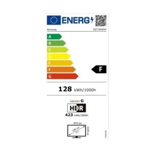 Le téléviseur SAMSUNG TQ77S95F a une étiquette énergétique européenne de F, consomme 128 kWh/1000h et dispose d'une résolution HDR et 3840x2160.