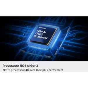 Un rendu numérique d'un processeur SAMSUNG NQ4 AI Gen3 sur un circuit imprimé bleu, présenté dans le SAMSUNG TQ77S95F avancé.