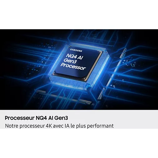 Un rendu numérique d'un processeur SAMSUNG NQ4 AI Gen3 sur un circuit imprimé bleu, présenté dans le SAMSUNG TQ77S95F avancé.