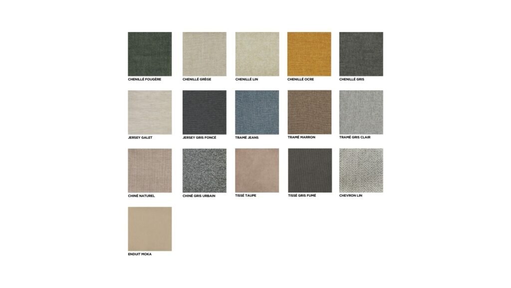 Une grille de 16 échantillons de tissus, étiquetés avec du texte, met en valeur différentes couleurs et textures, mettant en vedette la matière innovante BULTEX RESET MÉDIUM 140X190 pour un confort accru.