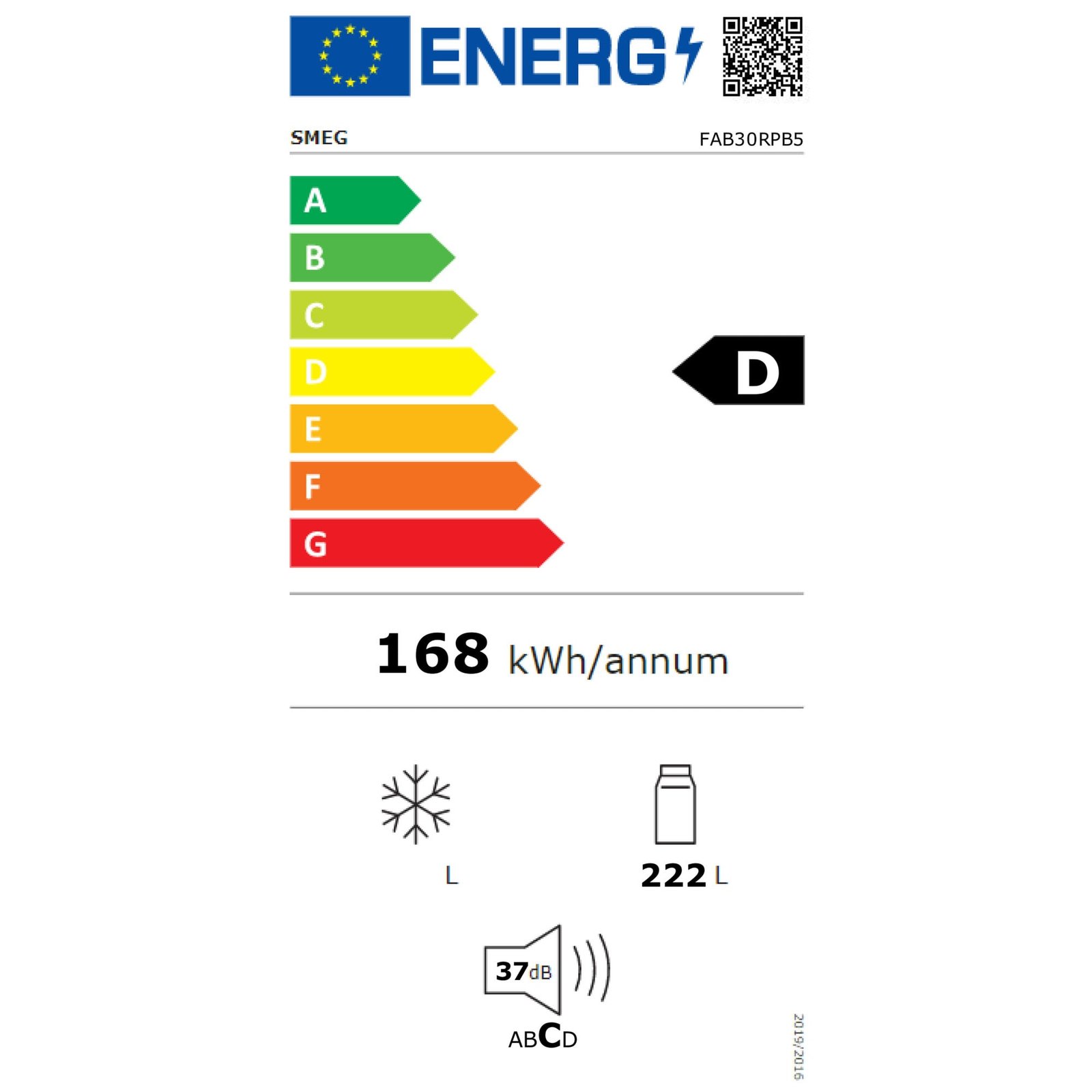 Le réfrigérateur SMEG FAB30RPB5 a une étiquette énergétique D, consomme 168 kWh/an, offre une capacité de réfrigérateur de 222 L, fonctionne à un niveau sonore de 37 dB et n'inclut pas de congélateur.