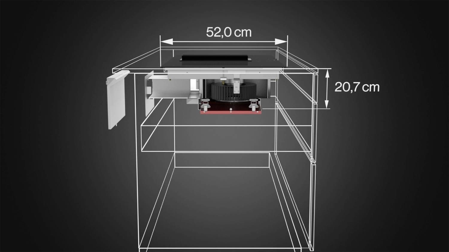 Illustration 3D présentant le FALMEC QUANTUM3421 EASY, un meuble à tiroirs compact mesurant 52,0 cm de large et 20,7 cm de profondeur, conçu pour une organisation simple et inspiré des principes de conception efficaces du Quantum3421.