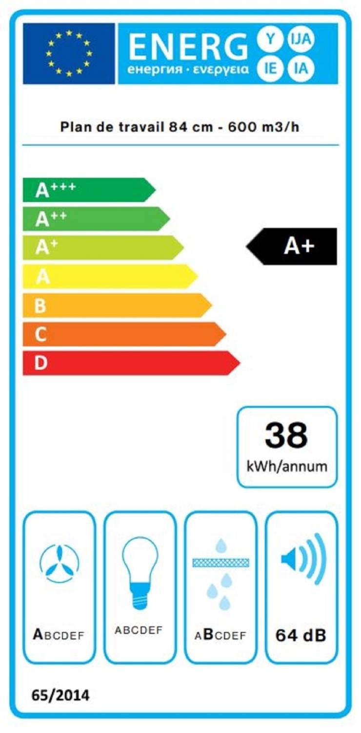 Le FALMEC QUANTUM3421 EASY présente une cote d'efficacité énergétique A+, utilise seulement 38 kWh/an et fonctionne à un niveau silencieux de 64 dB, idéal pour les maisons soucieuses de l'environnement.