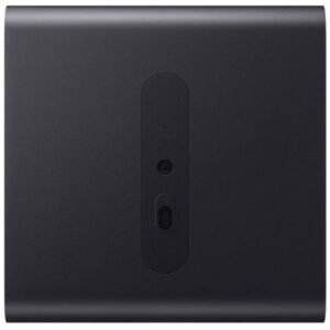 Vue arrière du SAMSUNG HW-Q995D (Copie) en noir, montrant un panneau ovale avec des ports et des étiquettes de connexion clairement étiquetés.