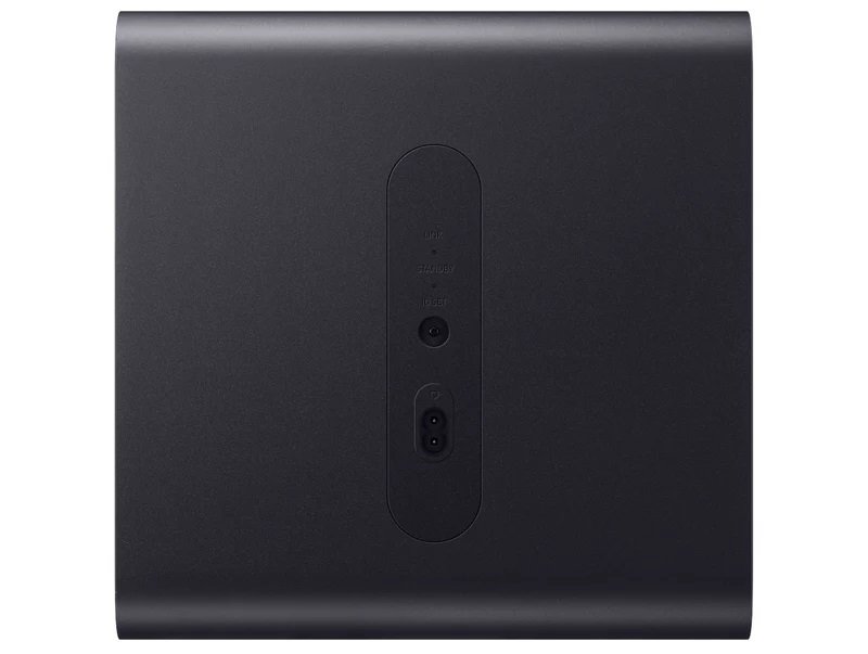 Vue arrière du SAMSUNG HW-Q995D (Copie) en noir, montrant un panneau ovale avec des ports et des étiquettes de connexion clairement étiquetés.