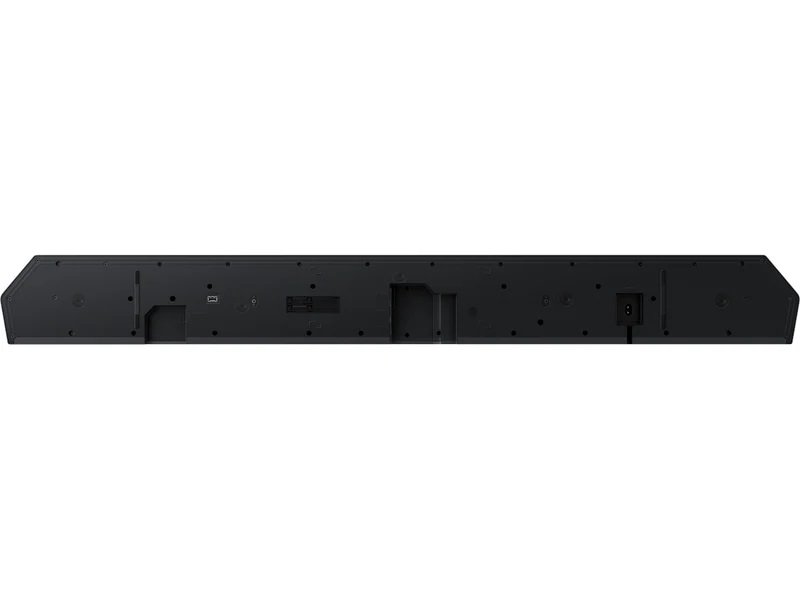 Vue arrière d'une barre de son noire SAMSUNG HW-Q995D (Copie) montrant ses ports, son entrée d'alimentation et ses trous de montage.