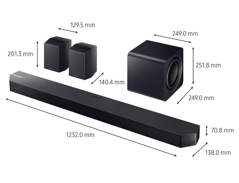 L'ensemble de barre de son SAMSUNG HW-Q995D (Copie) en noir comprend un caisson de basses et deux haut-parleurs, chacun étiqueté avec précision avec des mesures en millimètres.