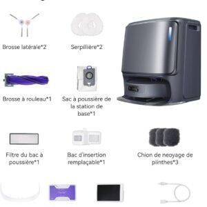 Contenu de la boîte du NARWAL FREO Z10 ULTRA GRIS avec accessoires et pièces présentés et nommés en français.