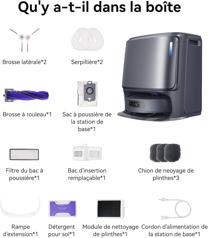 Contenu de la boîte du NARWAL FREO Z10 ULTRA GRIS avec accessoires et pièces présentés et nommés en français.