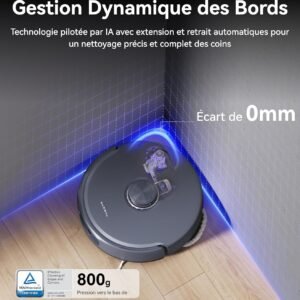 L'aspirateur robot NARWAL FREO Z10 ULTRA GRIS nettoie les coins avec un espace de 0 mm, démontrant une gestion des bords ultra-gris et une précision guidée par l'IA.