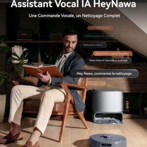 Un homme est assis sur une chaise en utilisant sa tablette tandis que l'aspirateur robot NARWAL FREO Z10 ULTRA GRIS nettoie silencieusement le sol à proximité dans un salon moderne.
