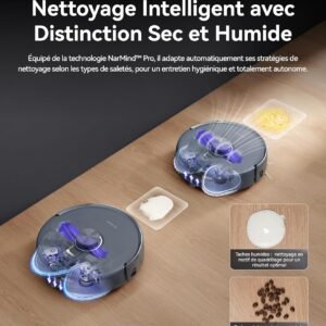 L'aspirateur robot NARWAL FREO Z10 ULTRA GRIS nettoie les saletés humides et sèches sur les planchers de bois, avec un texte français soulignant ses capacités de nettoyage intelligentes.