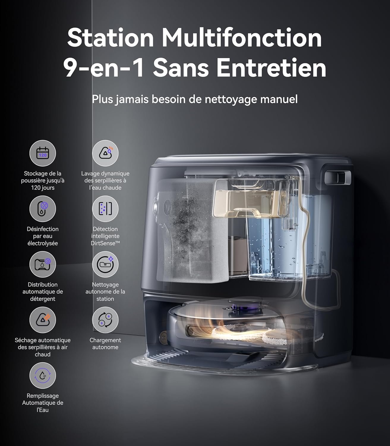 La station de nettoyage multifonction NARWAL FREO Z10 ULTRA GRIS est une station de nettoyage multifonction 9 en 1 avec des fonctionnalités labellisées françaises, offrant un entretien à domicile sans effort dans un design élégant et moderne.