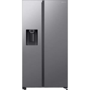 Le SAMSUNG RS65DG54R3S9EF est un réfrigérateur côte à côte en acier inoxydable avec un distributeur d'eau et de glaçons sur la porte gauche.