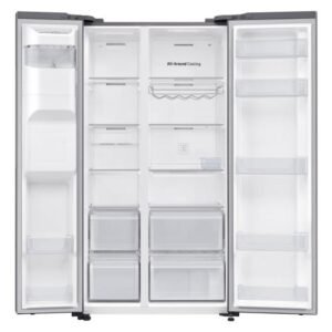 Le réfrigérateur SAMSUNG RS65DG54R3S9EF ouvert et vide est présenté côte à côte, mettant en valeur ses étagères, ses tiroirs et ses compartiments de porte.