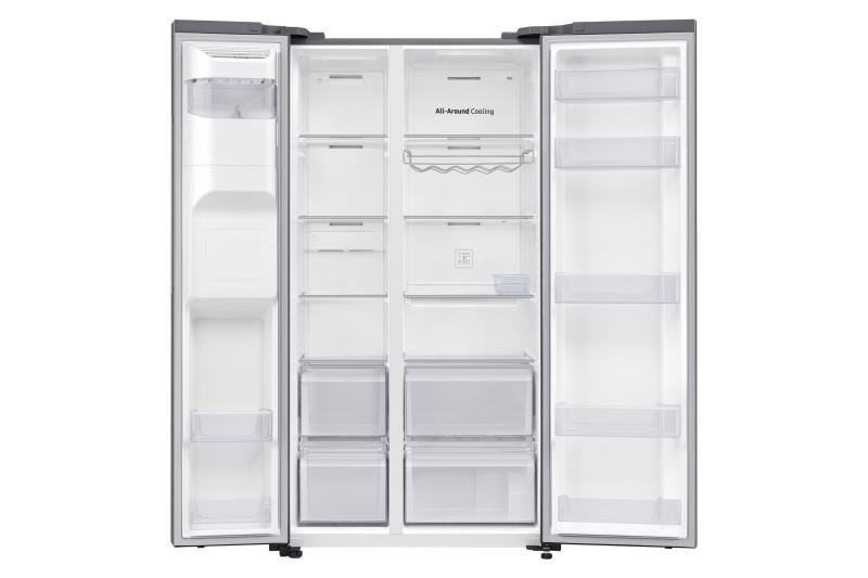 Le réfrigérateur SAMSUNG RS65DG54R3S9EF ouvert et vide est présenté côte à côte, mettant en valeur ses étagères, ses tiroirs et ses compartiments de porte.