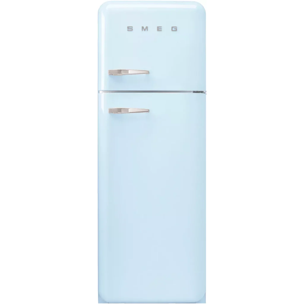 Le SMEG FAB30RPB5 est un réfrigérateur bleu clair de style rétro avec deux portes et des poignées chromées, présenté debout.