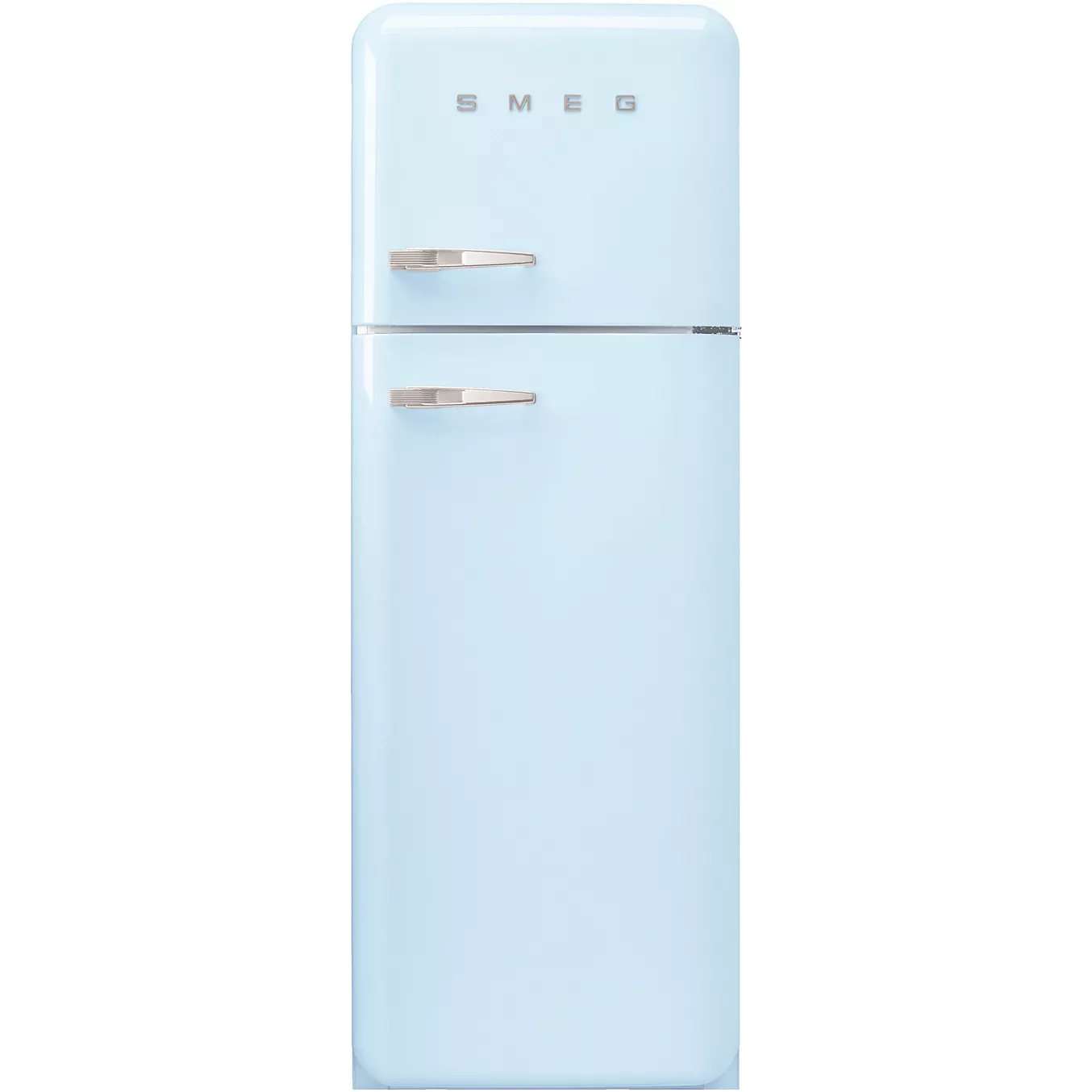 Le SMEG FAB30RPB5 est un réfrigérateur bleu clair de style rétro avec deux portes et des poignées chromées, présenté debout.