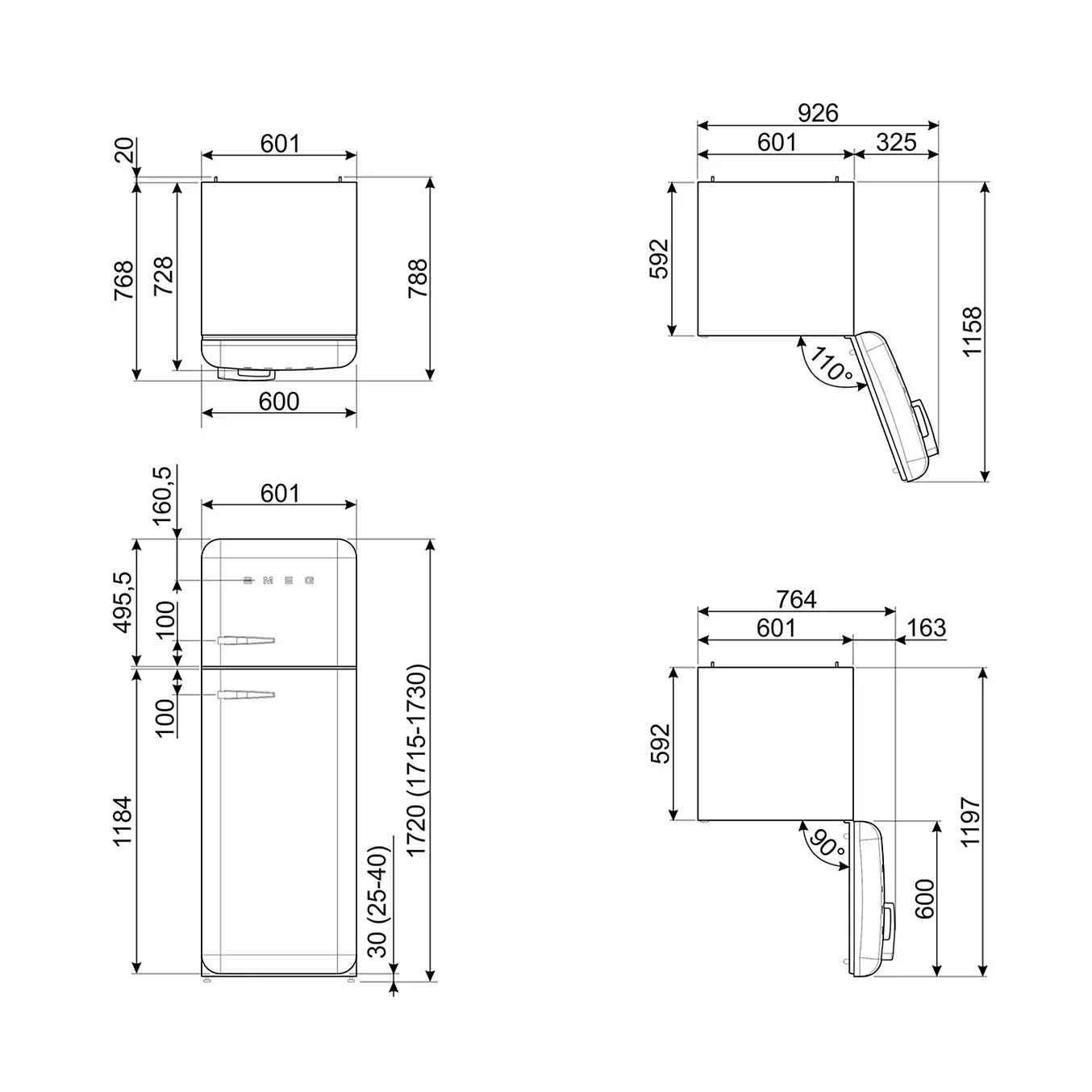 Schéma technique du SMEG FAB30RPB5, montrant les dimensions détaillées du réfrigérateur, indiquées en millimètres, sous différents angles.