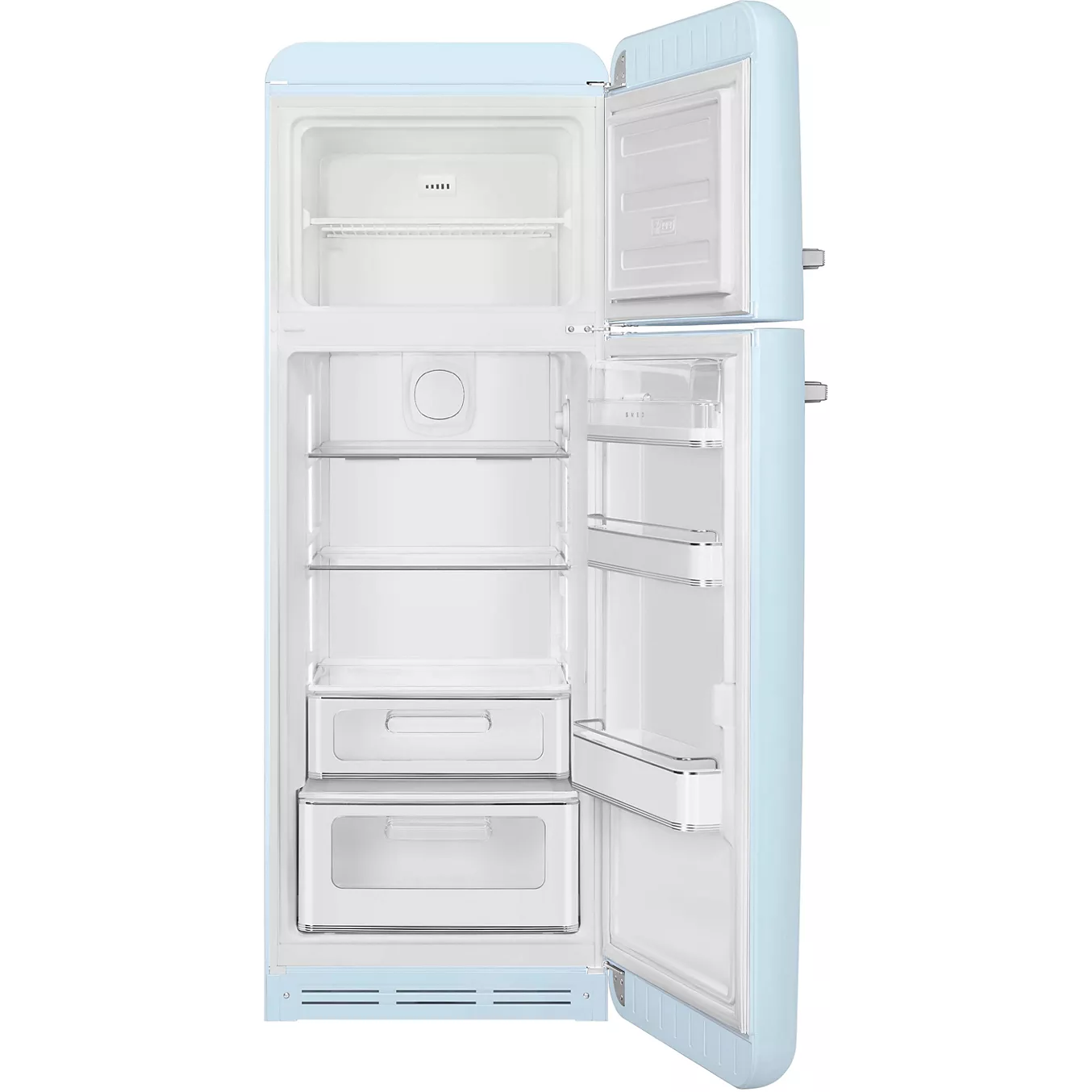 Le réfrigérateur rétro SMEG FAB30RPB5 en bleu clair est présenté avec les deux portes ouvertes, montrant ses étagères, tiroirs et compartiments vides.