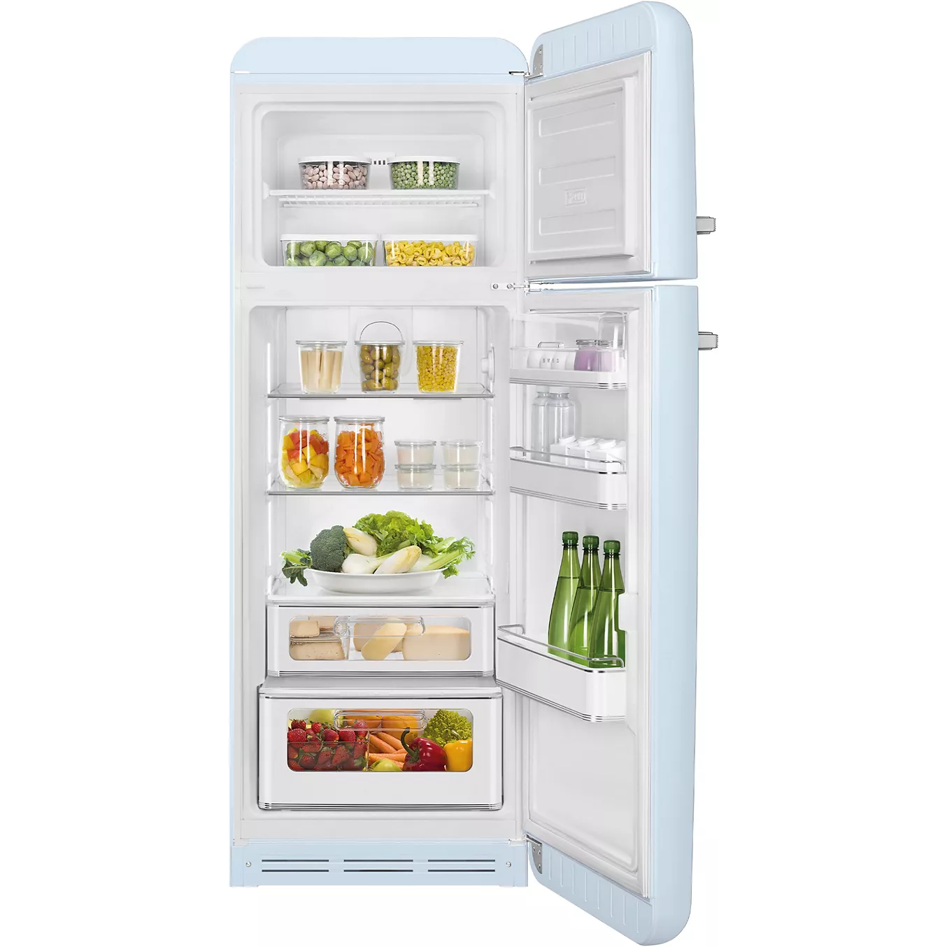 Ouvrez le réfrigérateur SMEG FAB30RPB5 pour voir les aliments, les boissons, les fruits, les légumes et les bouteilles bien rangés sur les étagères et dans les tiroirs.
