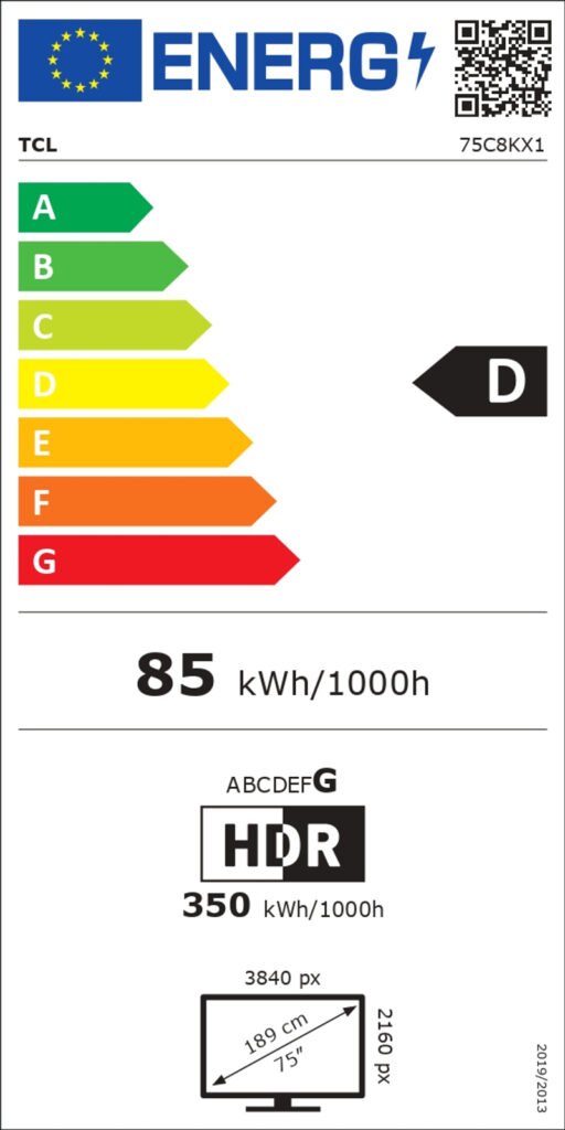 Étiquette énergétique UE pour téléviseur TCL 75C8K : classe D, 85 kWh/1000h (SDR), 350 kWh/1000h (HDR), écran 75", résolution 3840x2160.