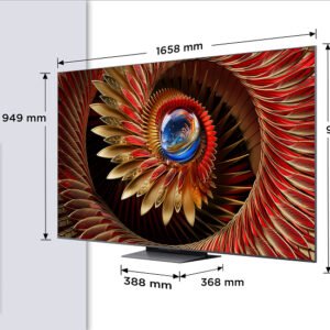 Le téléviseur TCL 75C8K 75 pouces est présenté avec les dimensions indiquées, une télécommande à côté et une image en spirale abstraite affichée sur l'écran.