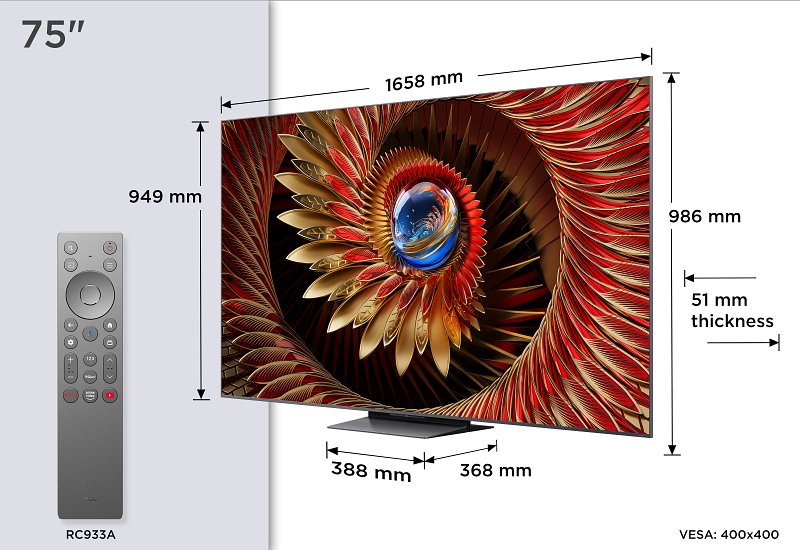 Le téléviseur TCL 75C8K 75 pouces est présenté avec les dimensions indiquées, une télécommande à côté et une image en spirale abstraite affichée sur l'écran.